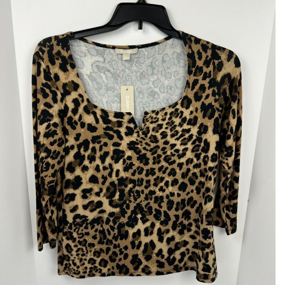 Sunny Leigh Leopard Print Top XL Scoop Neck Slit Knit 3/4 Sleeve Blouse NWT